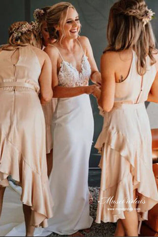 Satin Mermaid V-neck Spaghetti Straps Backless Lace Wedding Dress