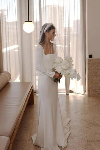Satin Sheath Long Sleeves Wedding Dresses With Train, Wedding Gowns