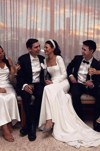 Satin Sheath Long Sleeves Wedding Dresses With Train, Wedding Gowns