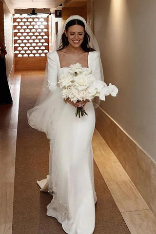 Satin Sheath Long Sleeves Wedding Dresses With Train, Wedding Gowns