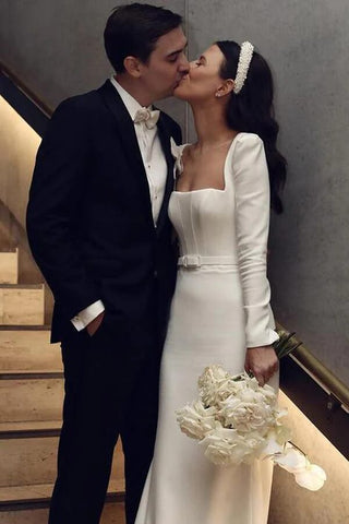 Satin Sheath Long Sleeves Wedding Dresses With Train, Wedding Gowns