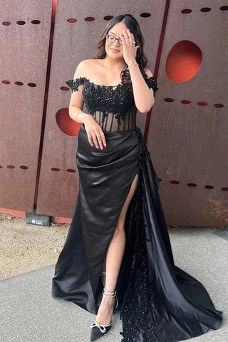 Satin Sheath Off-the-Shoulder Long Prom Dresses With Lace Appliques