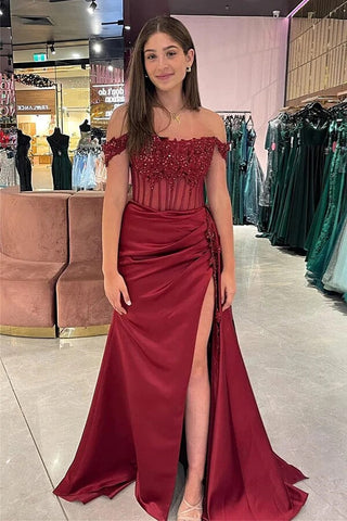 Satin Sheath Off-the-Shoulder Long Prom Dresses With Lace Appliques