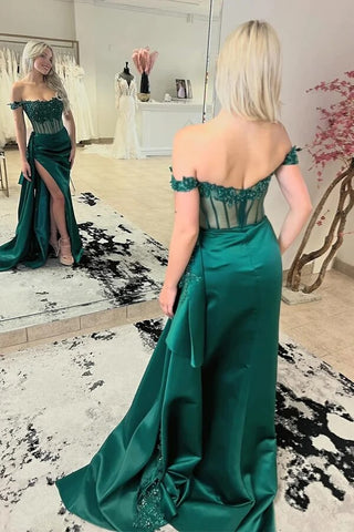 Satin Sheath Off-the-Shoulder Long Prom Dresses With Lace Appliques
