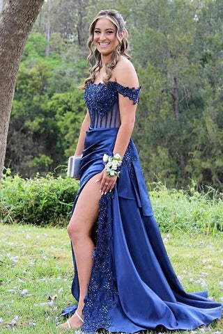 Satin Sheath Off-the-Shoulder Long Prom Dresses With Lace Appliques