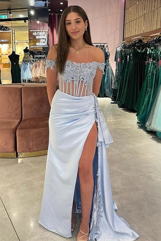 Satin Sheath Off-the-Shoulder Long Prom Dresses With Lace Appliques