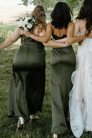 Satin Sheath Spaghetti Straps Cowl Neck Long Bridesmaid Dresses