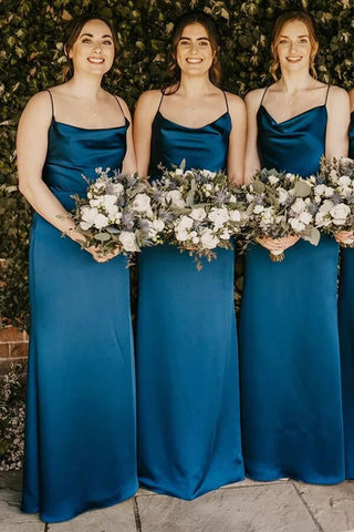 Satin Sheath Spaghetti Straps Cowl Neck Long Bridesmaid Dresses