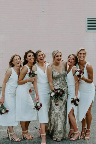 Satin Sheath V-neck Tea-Length Bridesmaid Dresses With Slit
