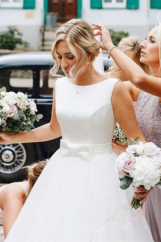 Satin Tulle A-Line Bateau Sleeveless Wedding Dresses With Bow