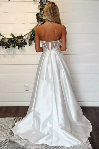Satin A-line Strapless Simple Wedding Dresses With Slit, Bridal Gown
