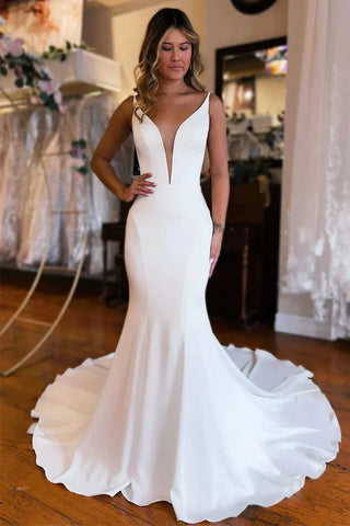 Satin Mermaid Plunge V-neck Backless Court Train Wedding Dresses