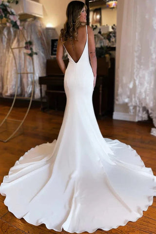 Satin Mermaid Plunge V-neck Backless Court Train Wedding Dresses