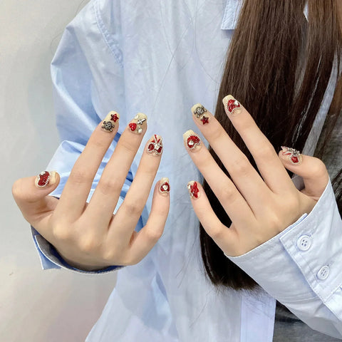 10pcs Sweet Korean Fake Nail Patches Handmade Red Love Heart Bowknots Metal Skull Press On Nails Wearable False Nail Tips Art