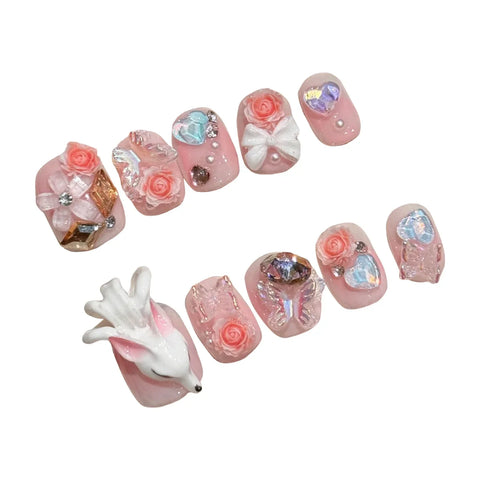 10pcs Handmade Press On Nails Light PInk Short Square Fake Nail Tips With 3D Fox Flower Bows Butterfly Designs Sweet False Nails