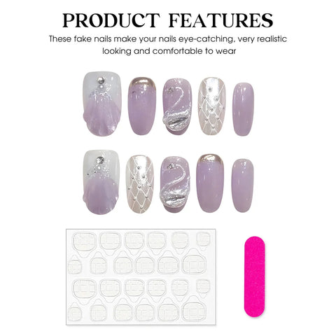 10pcs Handmade Mermaid Fake Nails Short Almond Glossy Cat's Eye Press On Nail With 3D Swan Designs Purple French False Nail Tips