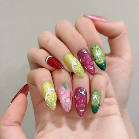10pcs Summer Colorful Painting Fruit False Nail Tips Handmade Glitter Cat's Eye Press On Nails Hawaii Dopamine Fake Nails