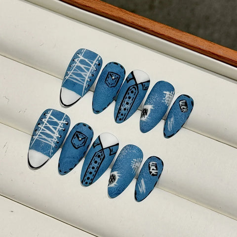 10pcs Handmade Blue Almond Fake Nail Tips Hand-painted Canvas Shoes Designs Press On Nails French Style Creative False Nails