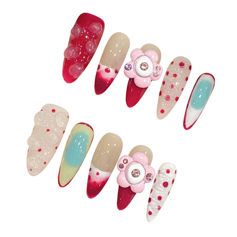 10pcs Red French Style Press On Nails Glossy Blush Pink Handmade False Nail 3D Flower Designs Reusable Long Almond Fake Nail Tip