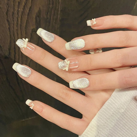 10pcs Sweet Ballet Style Handmade Fake Nails Bowknots Ribbon Cream French Tips Press On Nail Blush Shiny Cat's Eye False Nails