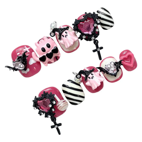 10pcs Halloween Theme False Nail Tips 3D Devil Love Heart Designs Press On Nails Rose Pink Short Round Handmade Fake Nails Art