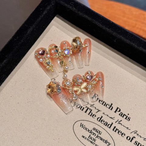 10pcs Spring Dopamine Handmade False Nail Clear Butterfly Flash Gold Pink Powder French Press On Nails Diamond Cat Eye Fake Nail