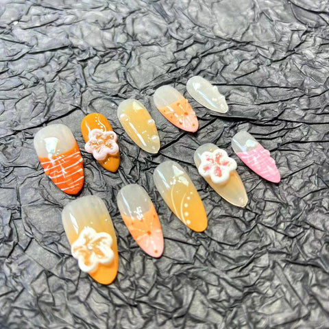 10pcs French Style Handmade False Nails Painted Almond 3D Flowers Decor Press On Nails Orange Wearable Fake Nail Summer Manicure
