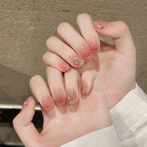 10pcs Glossy Pink Cat's Eye Press On Nails Hand Painted Pear Flower False Nail Full Cover Wearable Korean Style Fake Nail Patch