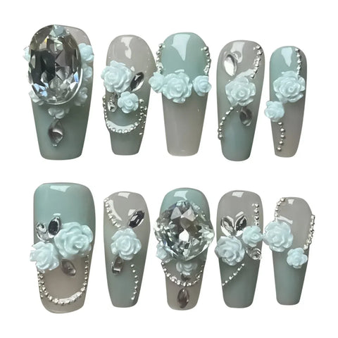 10pcs 3D Flower Press On Nails Handmade Gradient Freen False Nail Patches Medium Length Square Fake Nail Tips Wearable Manicure