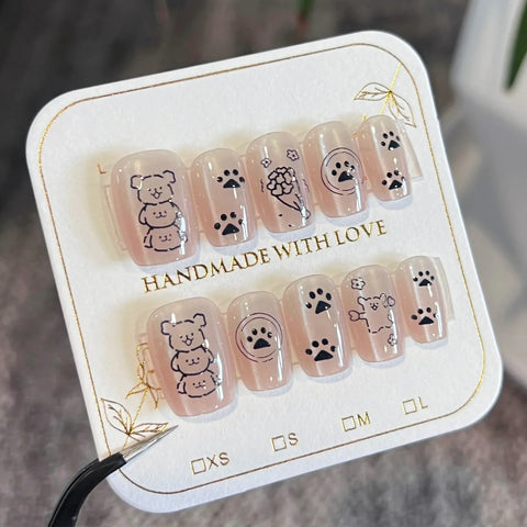 10pcs Kawaii Dog Handmade Fake Nails Clitter Cat's Eye Red Bowknots Love Heart Pattern Press On Nails Cute Charming False Nail