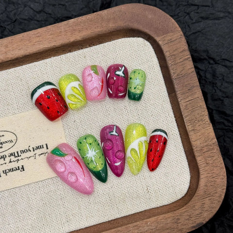 10pcs Summer Colorful Painting Fruit False Nail Tips Handmade Glitter Cat's Eye Press On Nails Hawaii Dopamine Fake Nails