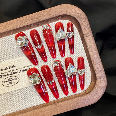 10pcs Handmade Red False Nails Long Stiletto Punk Style Press On Nails Y2k Glossy Diamond Flower Designs Fake Nail Patches