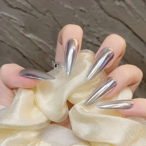 10pcs Handmade Silver Press On Nails Glossy Long Almond Fake Nail Patches Full Cover Ballerina Wearable False Nail Tips For Girl