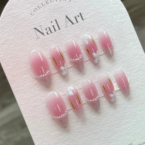 10pcs Blush Pink Press On Nails Handmade Wearable Fake Nail Patches With Pearl Flower Designed Korean Style False Nail Tips