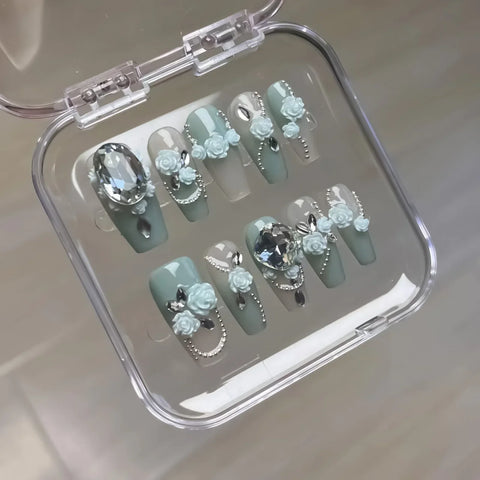 10pcs 3D Flower Press On Nails Handmade Gradient Freen False Nail Patches Medium Length Square Fake Nail Tips Wearable Manicure