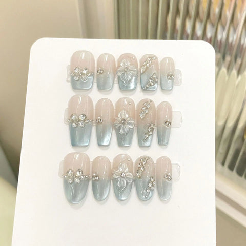 10pcs Hand-carved 3D Ice Flower Press On Nails Light Blue French Style Cat Eye Handmade False Nail Ins Charm Wearable Fake Nail