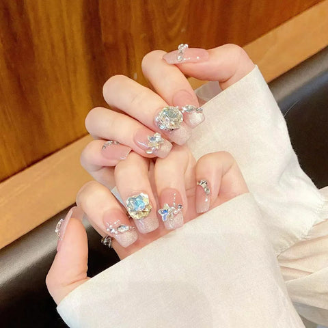 10pcs Sequins Cat's Eye Press On Nails Handmade Pink Fake Nail Patches With Glitter Diamond Designes Reusable French False Nails