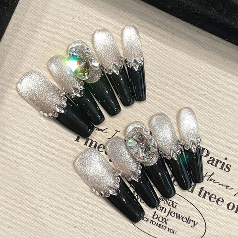 10pcs Black French Style Press On Nails Handmade Full Flash Rhinestone Decor False Nails Light Luxury Fake Nail For Hot Girls