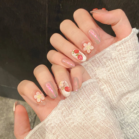 10pcs Sweet Short Oval Fake Nail Patches Hand-painted 3D Pink Strawberry Flower Press On Nails Spring Summer Fresh Handmade Nail
