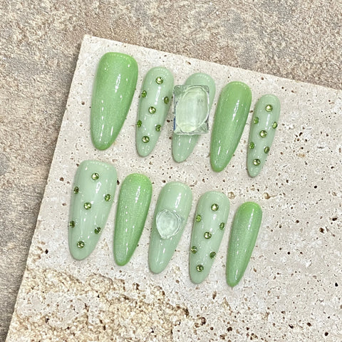 10pcs Long Coffin Army Green False Nail Patches Ballerina Spring Summer Wearable Handmade Press On Nails Full Cover Manicure Art