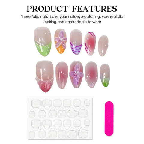 10pcs Blush Pink Press On Nails Handmade 3D Flower False Nail Patches Reusable French Style Glossy Almond Fake Nail Tips Art