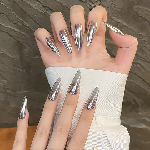 10pcs Handmade Silver Press On Nails Glossy Long Almond Fake Nail Patches Full Cover Ballerina Wearable False Nail Tips For Girl