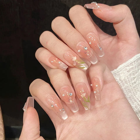 10pcs Blush Cat's Eye Manicure Hand-painted Tulip Flower Shiny Rhinestone Press On Nails Sweet Pink Spring Summer False Nails