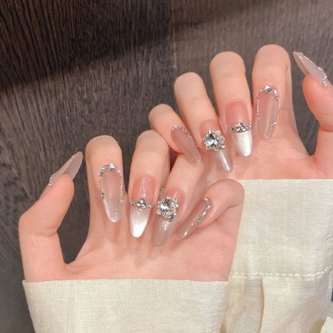 10pcs Handmade Press On Nails Pure Nude Color Cat's Eye Light Pink False Nails Glossy Diamond French Style Fake Nail Wearable