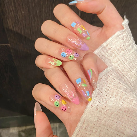 10pcs Hand-painted Color Smile Face False Nails Summer Rainbow Cute Graffiti Handmade Press On Nails French Almond Fake Nail