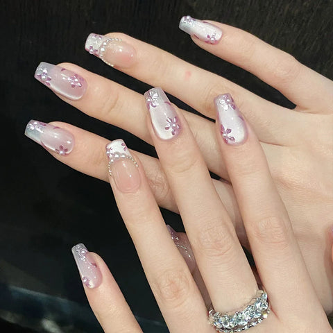 10pcs Handmade Press On Nails Light Purple French Style Cat's Eye False Nails Gentle Flower Designs Wearable Fake Nail Tips