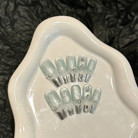 10pcs Handmade press On Nails New Chinese Style Silver French Tips Fake Nail Hand-painted Bamboo Leaf Pearl Diamond False Nails