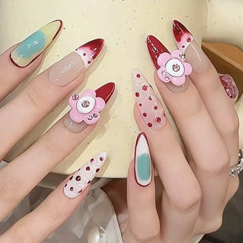 10pcs Red French Style Press On Nails Glossy Blush Pink Handmade False Nail 3D Flower Designs Reusable Long Almond Fake Nail Tip