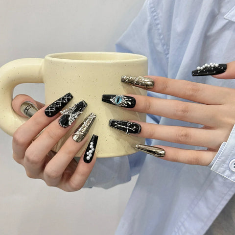 10pcs Dark Black Handmade Fake Nails MId-lenght Y2k Style Press On Nails Metal Butterfly Cross Pearl Designs False Nail Patches