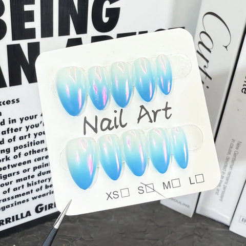 10pcs Solid Color Handmade Press On Nails Gadient Aurora Blue Short Almond False Nails Ins Simple Summer Fresh Fake Nail Patch